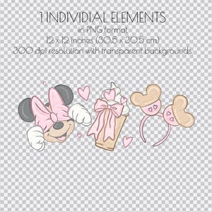 Puede incluir: Ilustraciones digitales con Minnie Mouse, un helado y diademas con orejas de rat&oacute;n. Minnie Mouse tiene un lazo rosa y guantes blancos. El helado tiene un lazo rosa. El texto dice "1 INDIVIDUAL ELEMENTS in PNG format 30,5 x 30,5 cm 300 dpi con fondos transparentes."