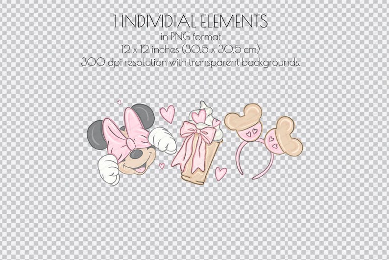 Puede incluir: Ilustraciones digitales con Minnie Mouse, un helado y diademas con orejas de rat&oacute;n. Minnie Mouse tiene un lazo rosa y guantes blancos. El helado tiene un lazo rosa. El texto dice "1 INDIVIDUAL ELEMENTS in PNG format 30,5 x 30,5 cm 300 dpi con fondos transparentes."