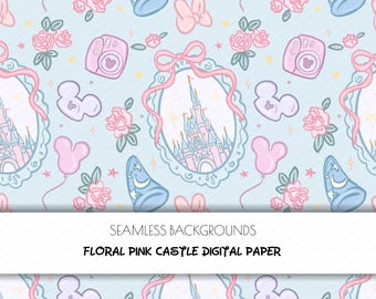 Royaume magique, papiers numériques floraux château rose, voyage entre filles Disney, parc à thème, médaillon noeud coquette, modèle sans couture