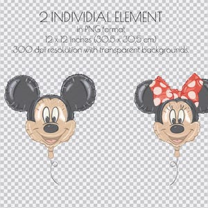 May include: Two cartoon-style balloon illustrations. One is Mickey Mouse, the other is Minnie Mouse with a red polka-dot bow. Each balloon is 12 x 12 inches (30.5 x 30.5 cm) in PNG format with transparent backgrounds.