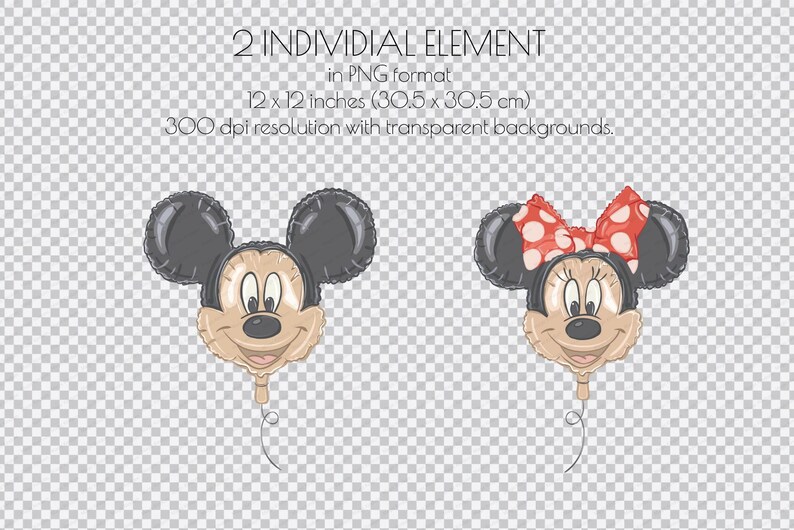 May include: Two cartoon-style balloon illustrations. One is Mickey Mouse, the other is Minnie Mouse with a red polka-dot bow. Each balloon is 12 x 12 inches (30.5 x 30.5 cm) in PNG format with transparent backgrounds.