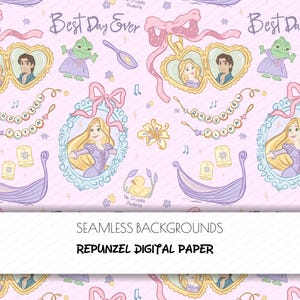 May include: A seamless digital paper design featuring Rapunzel-themed illustrations on a light pink background. The design includes images of Rapunzel, Flynn Rider, and other elements from the movie, with the text "Best Day Ever".