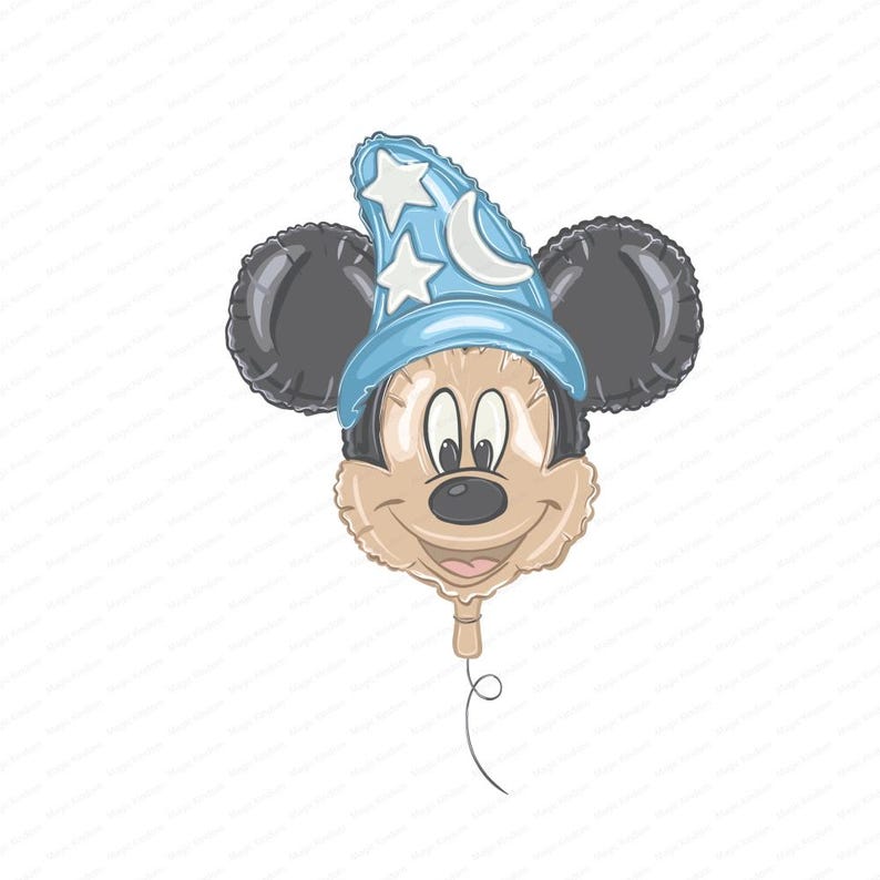 K&ouml;nnte beinhalten: Ein Folienballon in Form eines Cartoon-Mauskopfes mit einem hellblauen Zaubererhut. Der Hut ist mit wei&szlig;en Sternen und einem Halbmond verziert. Die Maus hat ein beiges Gesicht, schwarze Ohren und einen l&auml;chelnden Ausdruck mit schwarzer Nase.