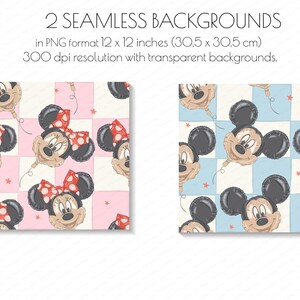 May include: Two seamless backgrounds in PNG format, each 12 x 12 inches, featuring cartoon character balloon designs. One background is pink and white checkered with a Minnie Mouse balloon, and the other is blue and white checkered with a Mickey Mouse balloon.