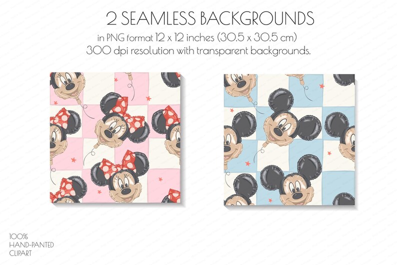 May include: Two seamless backgrounds in PNG format, each 12 x 12 inches, featuring cartoon character balloon designs. One background is pink and white checkered with a Minnie Mouse balloon, and the other is blue and white checkered with a Mickey Mouse balloon.