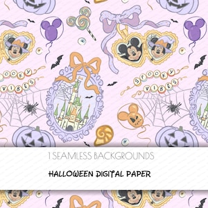 May include: A seamless Halloween digital paper pattern with a light pink background. The design features Mickey Mouse in witch hats, pumpkins, castle frames, balloons, bats, and the text "SPOOKY VIBES". The pattern includes bows, lollipops, and spiderwebs.