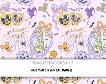 Papel digital de Halloween Magic Kingdom: Patrón espeluznante de Mickey Mouse (descarga PNG sin costuras)