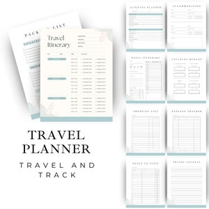May include: A printable travel planner with a light blue and white colour scheme. The planner includes sections for packing lists, itineraries, daily schedules, vacation budgets, shopping lists, expense trackers, places to visit, and a travel journal.