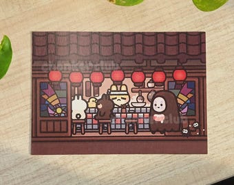 Bobi Cozy Food Stall Art Print | A6 Illustrated Print | Wall Art | Animal Art | Cute Animals | Postcard | Decor