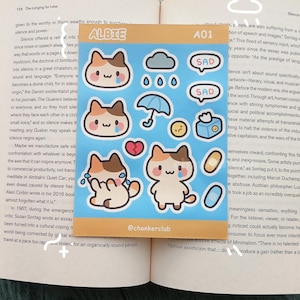 Hoja de pegatinas de Albie el gato triste / Vinilo impermeable A6 / Lindo animal kawaii Calico Regalo para amantes de los gatitos tristes / Bujo / Diario / Scrapbooking