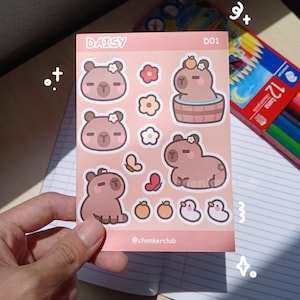 Daisy the Capybara Sticker Bogen | A6 Wasserfest Kiss Cut Vinyl | Süßes Chill Kawaii Tier-Liebhaber-Geschenk | Bujo | Journaling | Scrapbooking