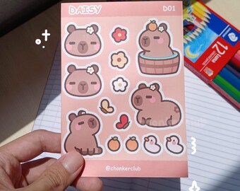 Daisy the Capybara Sticker Sheet | A6 Waterproof Kiss Cut Vinyl | Cute Chill Kawaii Animal Lover Gift | Bujo | Journaling | Scrapbooking