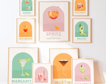 Cocktail recipe art print set of 18 girls kitchen drinks poster trendy dopamine decor bar art retro spritz print (Digital Download)