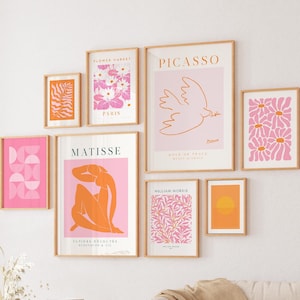 Lot de 8 décorations murales roses orange pour impression d'art abstrait moderne, affiche esthétique preppy imprimable, décoration florale pour dortoir pour étudiantes