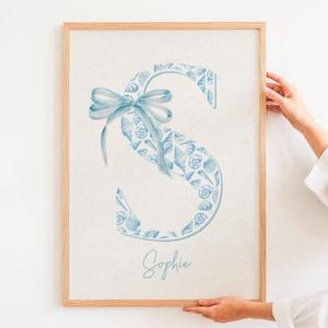 Coastal name & initial seashell print: nursery wall art personalised beach decor
