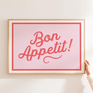 Stampa "Bon appetito", citazione retrò per la cucina, stampa moderna per la cucina, arte murale alla moda per la cucina, poster tipografico, regalo carino per la cucina rosa per lei.