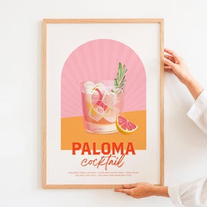 パロマカクテルアートプリント、印刷可能な夏の壁アート、トレンディなホームバー、友人へのギフト、キッチンドリンクの壁装飾、プレッピーなピンクとオレンジのポスター