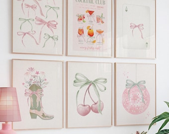 Coquette Bow Print Set: Green Pink Preppy Wall Art (Digital Download)