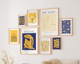 Navy Blue Yellow gallery wall set 6 print modern abstract art printable living room decor boho floral print exhibition poster matisse flower