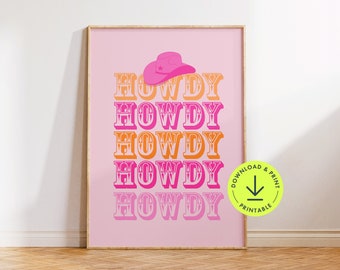 Howdy Cowgirl Hat Print: Pink Orange Western Wall Art (Digital Download)