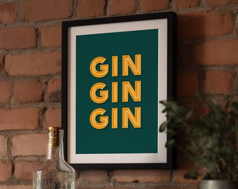 Alcohol print Gin wall art Printable gin print yellow and green vintage typography poster retro bar cart decor Kitchen bar prints drinks art