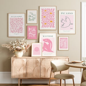 Juego de 6 impresiones de arte abstracto para pared con galería de color rosa, póster estético rosa para imprimir, conjunto de póster con estampado floral moderno rosa, estampado de flores matisse rosa