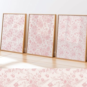 Pink Chinoiserie Wall Art, Vintage Antique Flowers Print, Simple Floral Print Set of 3, Blush Pink Home Decor, Pink Flowers Aesthetic Poster