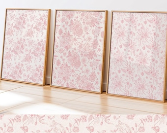 Pink Chinoiserie Floral Print Set: Vintage Botanical Wall Art Girls room decor cute nursery wall art (Digital Download)
