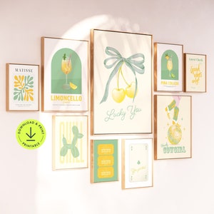 9er Set Gelb & Salbei Grün Print 3er Set Wohnheim Dekor grün ästhetische Plakate Kokette Schleife Cocktail Kunstdruck Cowgirl Dekor Gästebuch