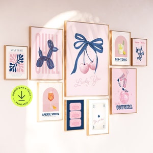Lot de 9 impressions de décoration pour dortoir, bleu marine, affiche esthétique preppy rose, coquette à la mode, noeud d'art mural, impression de cocktail, décoration de cow-girl, chèque d'invité