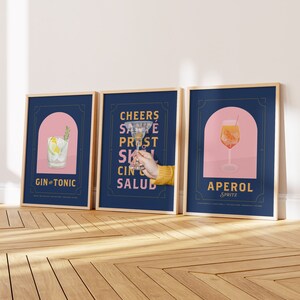 Juego de 3 carteles de cócteles retro para imprimir, decoración de carrito de bar femenino, arte de cocina moderno, impresión de Aperol Spritz en rosa y naranja, póster de Cheers, gin tonic