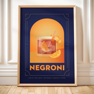 Negroni print printable retro classic cocktail recipe drink gift idea for home bar cart vintage kitchen wall art Negroni poster mid century