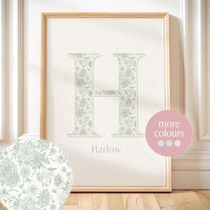 Impresión de letras personalizadas, impresión chinoiserie, impresión floral para guardería, arte de monograma, nombre personalizado, arte de pared para guardería, regalo para recién nacidos, descarga digital