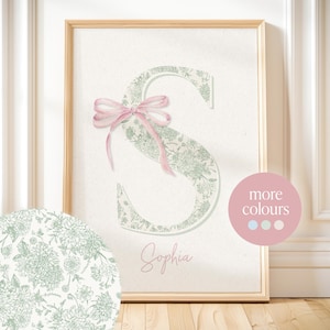 Impresión de inicial con lazo floral: decoración personalizada con letras para habitación infantil, arte mural chinoiserie (descarga digital)