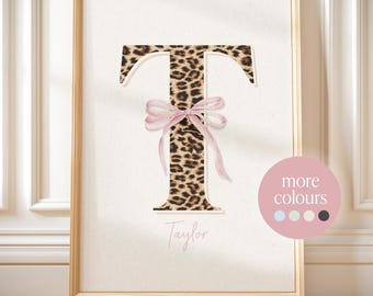 Custom name leopard print personalised letter bow poster nursery print gift for teen girl bedroom wall art girly dorm decor initial sign