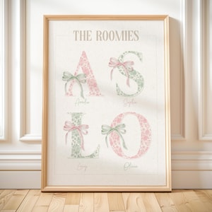 Coquette boog aangepaste kamergenoot print gepersonaliseerde naam en initiaal poster trendy college appartement cadeau voor meisjes deur bord slaapzaal girly decor