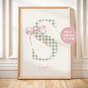 Gingham custom name print gift for new baby girl nursery bow wall art personalised initial poster teen girl bedroom coquette dorm room sign