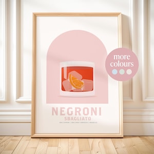 Impresión de cóctel Negroni Sbagliato, arte de pared de cóctel retro, póster de cóctel Negroni Sbagliato imprimible, descargable, decoración de carrito de bar de cocina