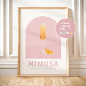 Mimosa print afdrukbare mimosa cocktail recept kunst drankje cadeau idee voor thuis bar winkelwagen decor keuken kunst aan de muur Mimosa poster mimosa bar teken