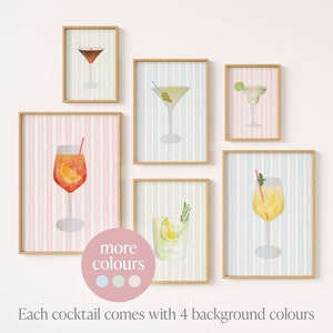 Juego de 6 carteles de cócteles a rayas, decoración de dormitorios costeros, impresiones de bebidas, aperol, spritz, limoncello, espresso, martini, margarita, ginebra, arte de pared de playa