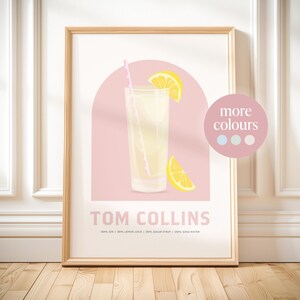 Impresión de cócteles de Tom Collins, impresión de cócteles retro, póster de cócteles imprimible para cocina, descargable, decoración de carrito de bar de cócteles de Tom Collins
