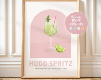 May include: A pink and white illustrated poster with a glass of Hugo Spritz, a cocktail with lime and mint, and the text "Hugo Spritz" and "Handful of mint leaves | 20ml elderflower cordial | 20ml gin | 25ml soda water | 120ml prosecco".