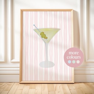 Póster de cóctel de martini, arte de pared costero, estampado de rayas, decoración de bar de playa minimalista de moda, decoración de dormitorio femenino, arte de bebida con estética de vaquera costera