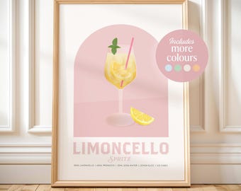 May include: A printable poster design featuring a pink background with a glass of limoncello spritz. The drink is garnished with a lemon slice and a sprig of mint. The text "Limoncello Spritz" is written in a bold font at the bottom of the poster. The text "Includes more colours" is written in a circle at the top right of the poster.