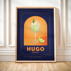 Hugo spritz print printable classic cocktail recipe drinks gift idea for home bar cart vintage kitchen wall art Hugo spritz poster retro bar