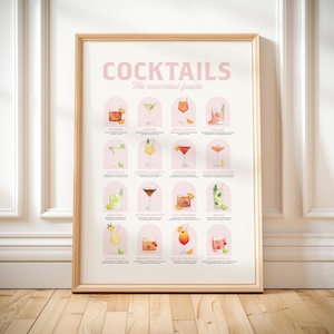 Stampa di ricette di cocktail classici: arte murale con carrello bar retrò (download digitale)