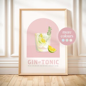 Impresión de gin tonic, receta de cóctel imprimible, arte, idea de regalo de ginebra para el hogar, decoración de carrito de bar, arte de pared de cocina, póster de gin tonic, regalo de ginebra, barra de ginebra