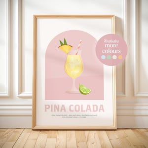 Impresión de piña colada, receta de cóctel imprimible, arte de bebidas, idea de regalo para el hogar, bar, carrito, decoración, arte de pared de cocina, póster de piña colada, regalo para ella