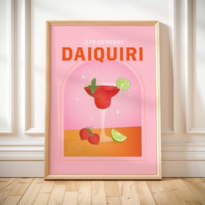 Impresión de daiquiri de fresa, receta de cóctel imprimible, arte, idea de regalo de bar femenino para decoración de carrito de bar, arte de pared de cocina, póster de daiquiri de fresa