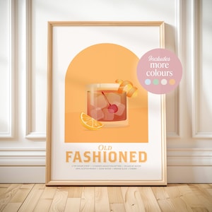 Old fashioned Cocktail Print druckbares Cocktail-Rezept Getränke Geschenkidee für Home Bar Warenkorb Dekor Küche Wandkunst Altmodisches Poster